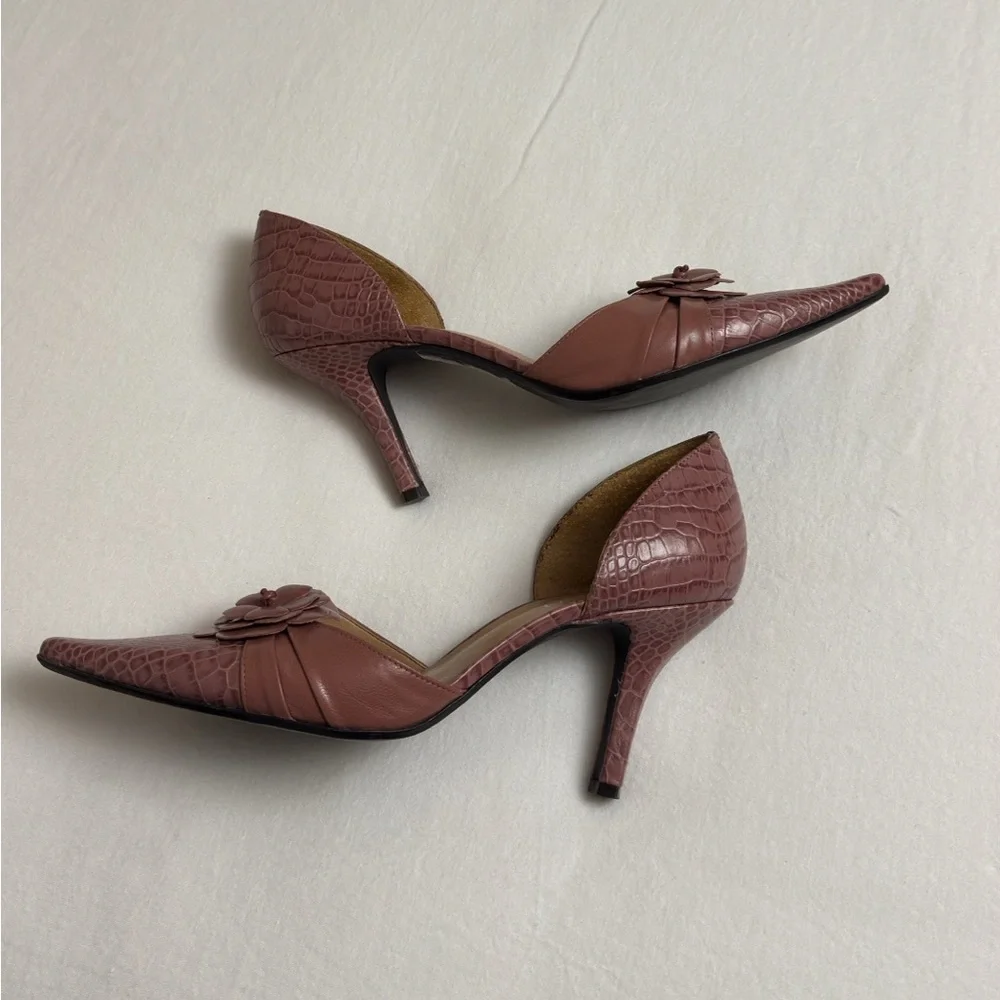 Vintage Franco Sarto Pink Leather Pointed Toe Floral Heels Size 8.5 Boho Retro - Picture 2 of 10